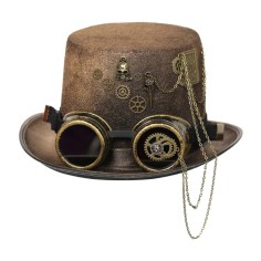 Steampunk Bowler Chain Decorated Halloween Gothic Carnivale Googles Hats - Brown