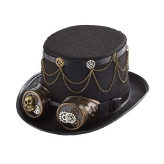 Steampunk Bowler Chain Decorated Halloween Gothic Carnivale Googles Hats - Black
