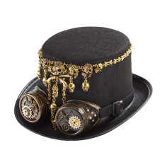 Steampunk Bowler Chain Decorated Halloween Gothic Carnivale Googles Hats - Black