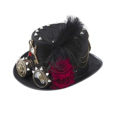 Steampunk Bowler Rose Decorated Halloween Gothic Carnivale Googles Hats - Black