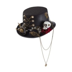 Steampunk Bowler Chain Rose Skull Decorated Halloween Gothic Carnivale Googles Hats - Black