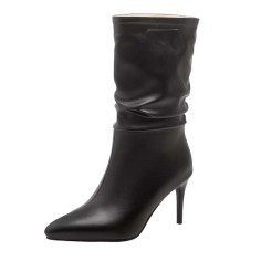 Pointed Toe Stiletto Heels Ankle Highs Sexy Boots - Black Faux Leather