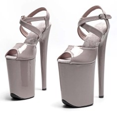 Peep Toe Stiletto Heels Smooth Ankle Cross Straps Platforms Sandals  - Gray Patent