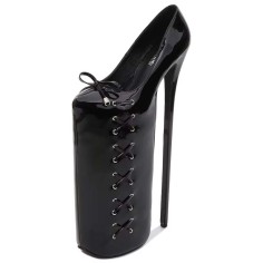 Fly High Platforms Stiletto Super 12 inches Heels Cross Decorated Straps Round Toe Pumps - Black Patent