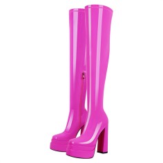 Round Toe Chunky Heels Side Zipper Platforms Over The Knee Boots - Hot Pink
