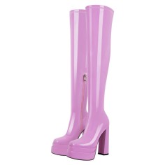 Round Toe Chunky Heels Side Zipper Platforms Over The Knee Boots - Pink