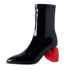 Pointed Toe Strange Sweetheart Heels Ankle High Patent Boots - Black
