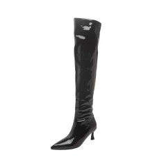 Pointed Toe Kitten Heels Over Th Knees Thigh High Glossy Boots - Black Patent