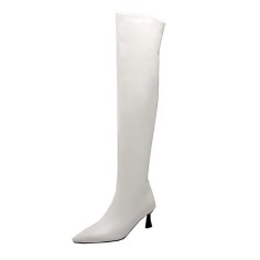 Pointed Toe Kitten Heels Over Th Knees Thigh High Glossy Boots - White Patent