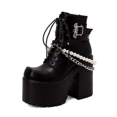 Square Toe Platforms Gothic Beads Decorated Lace Up Platforms Chunky Heels Ankle Highs Boots - Black Faux Leather