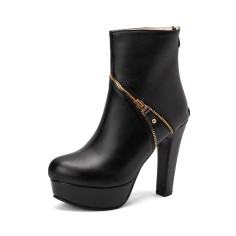 Round Toe Cuban Heels Platforms Back Zipper Ankle Boots - Black