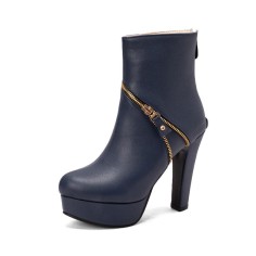 Round Toe Cuban Heels Platforms Back Zipper Ankle Boots - Blue