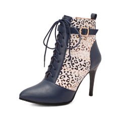 Pointed Toe Stiletto Heels Side Zipper LaceUp Ankle Straps Leopard Boots - Blue