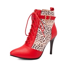 Pointed Toe Stiletto Heels Side Zipper LaceUp Ankle Straps Leopard Boots - Red