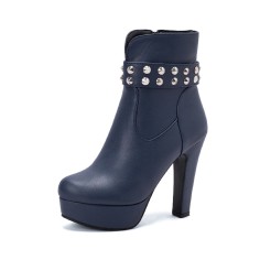 Round Toe Cuban Heels Platforms Side Zipper Ankle Rivet Decorated Straps Boots - Blue