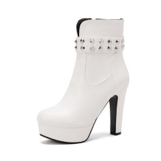 Round Toe Cuban Heels Platforms Side Zipper Ankle Rivet Decorated Straps Boots - White