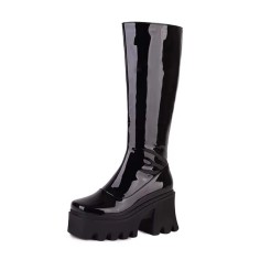 Square Toe Chunky Heels Knee Highs Platforms Autumn Classy Side Zipper Rain Boots - Black Patent