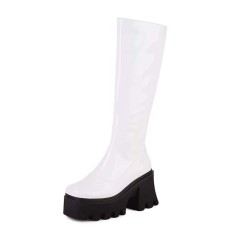 Square Toe Chunky Heels Knee Highs Platforms Autumn Classy Side Zipper Rain Boots - White Patent