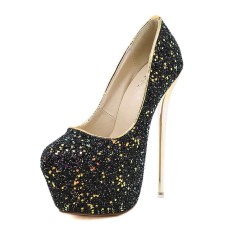 Round Toe Stiletto Golden Heels Bling Sequins Platforms Pumps - Black