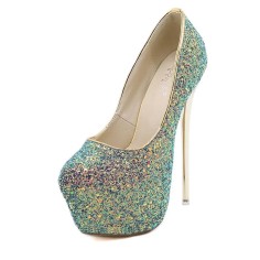 Round Toe Stiletto Golden Heels Bling Sequins Platforms Pumps - Blue