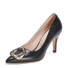 Pointed Toe Stiletto Heels Office Style Buckle Crystal Decorated Vintage Pumps - Black