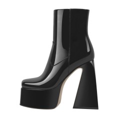 Square Toe Chunky Heels Side Zipper Platforms Ankle Highs Boots - Black Patent