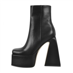 Square Toe Chunky Heels Side Zipper Platforms Ankle Highs Boots - Black Faux Leather