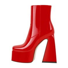 Square Toe Chunky Heels Side Zipper Platforms Ankle High Boots - Red Patent