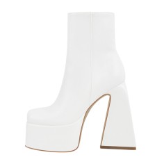 Square Toe Chunky Heels Side Zipper Platforms Ankle Highs Boots - White Patent