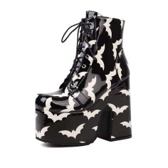 Round Toe Chunky Heels Lace Up Bat Print Platforms Ankle Highs Boots - Black Patent