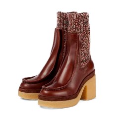 Chunky Heels Round Toe Socks Vintage Platforms Boots - Brown