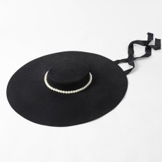 Flat Wool Brim Paris Style Beads Decorated Luxury Hat - Black