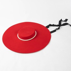 Flat Wool Brim Paris Style Beads Decorated Luxury Hat - Red