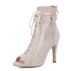 Peep Toe Stiletto Heels Fletwork Lace Up Spring Ankle Highs Buckle Straps Summer Sandals Pumps - Beige
