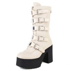 Round Toe Buckle Straps Punk Goth Platforms Chunky Heels Knee Highs Buckle Straps Boots - Beige Faux Leather