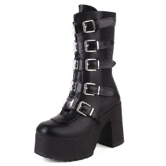 Round Toe Buckle Straps Punk Goth Platforms Chunky Heels Knee Highs Buckle Straps Boots- Black Faux Leather