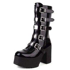 Round Toe Buckle Straps Punk Goth Platforms Chunky Heels Knee Highs Buckle Straps Boots- Black Patent