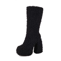 Round Toe Chunky Heels Platforms Knee Highs Fluffy Wool Booties - Black Faux Wool