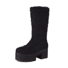 Round Toe Chunky Heels Platforms Knee Highs Mid Calf Warm Fluffy Booties with Side Zipper - Black Faux Wool