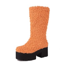 Round Toe Chunky Heels Platforms Knee Highs Mid Calf Warm Fluffy Booties with Side Zipper - Orange