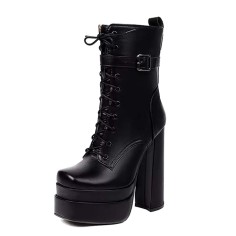Square Toe Lace Up Ankle Straps Side Zipper Double Platforms Chunky Heels Boots - Black Faux Leather