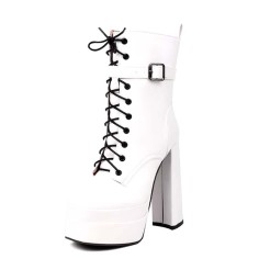 Square Toe Lace Up Ankle Straps Side Zipper Double Platforms Chunky Heels Boots - White Faux Leather