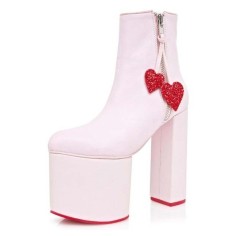 Round Toe Platforms Side Zipper Chunky Heels Ankle Highs Platforms Heartstomper Sugar Boots - Pink Faux Leather