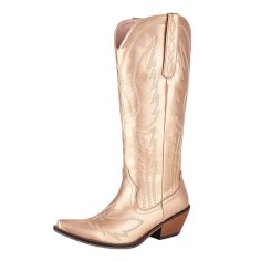 Pointed Toe Chunky Heels Embroidered Shiny Western Style Knee Highs Cowboy Boots - Gold Faux Leather