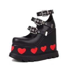 Round Toe Platforms Red Hearts Three Row Metal Buckle Straps Punk Gothic Wedges Pumps - Black Faux Leather