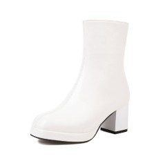 Round Toe Chunky Heels Side Zipper AnkleHighs Boots - White