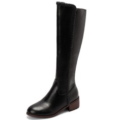 Round Toe Knee Highs Vintage Braid Decorated Biker Rider Side Zipper Equestrian Boots - Black