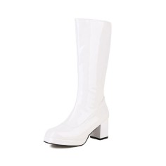 Round Toe Chunky Heels Side Zipper KneeHigh Rain Boots - White
