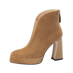 Round Toe Chunky Heels Suede Boots with Back Zipper - Brown