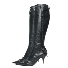 Pointed Toe Stiletto Heels Vintage Gothic Metal Buckle Zipper Knee High Boots - Black